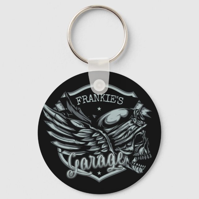 Custom NAME Biker Skull Wings Motorcycle Garage Key Ring (Front)