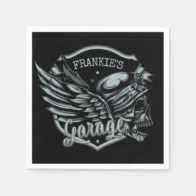 Custom NAME Biker Skull Wings Motorcycle Garage Napkin (Front)