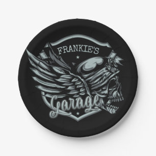 Custom NAME Biker Skull Wings Motorcycle Garage Paper Plate