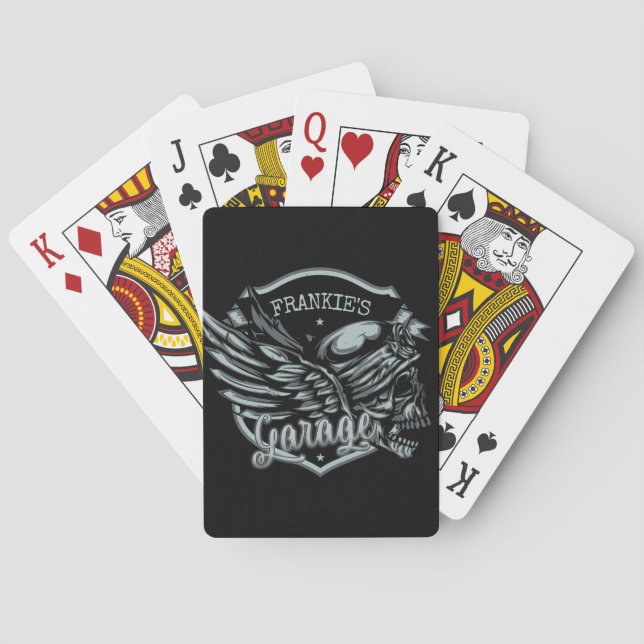 Custom NAME Biker Skull Wings Motorcycle Garage Playing Cards (Back)