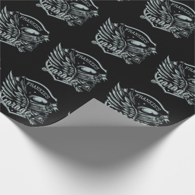 Custom NAME Biker Skull Wings Motorcycle Garage Wrapping Paper (Corner)