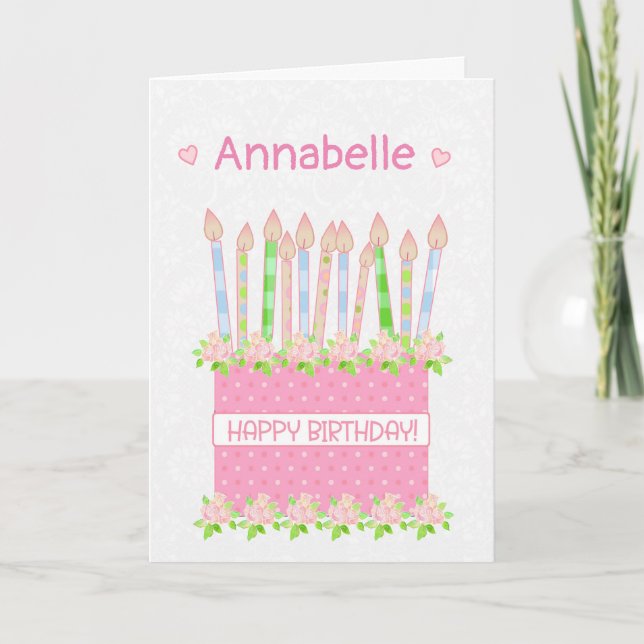 Custom Name Birthday Cake Hearts and Roses Card (Front)