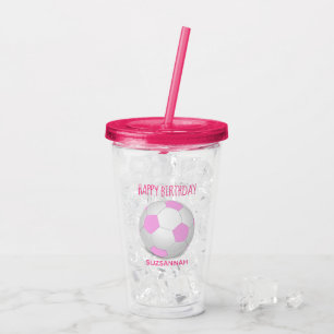 Custom Name Birthday Girly Pink White Soccer Ball Acrylic Tumbler