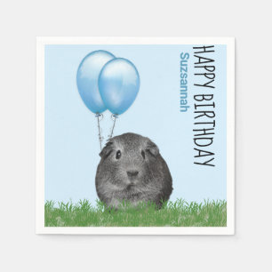 Custom Name Birthday Guinea Pig Blue Balloons Napkin
