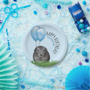 Custom Name Birthday Guinea Pig Blue Balloons Paper Plate