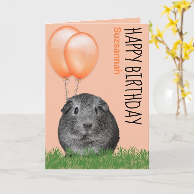 Custom Name Birthday Guinea Pig Orange Balloons Card (Yellow Flower)