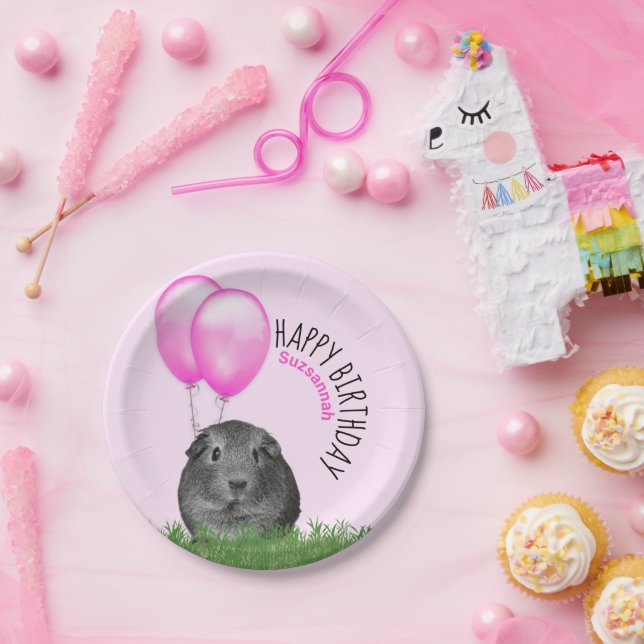 Custom Name Birthday Guinea Pig Pink Balloons Paper Plate (Party)