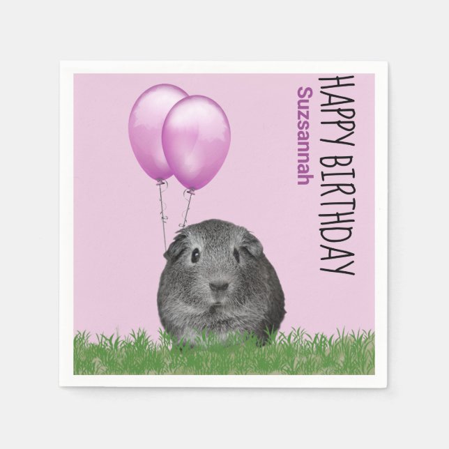 Custom Name Birthday Guinea Pig Purple Balloons Napkin (Front)