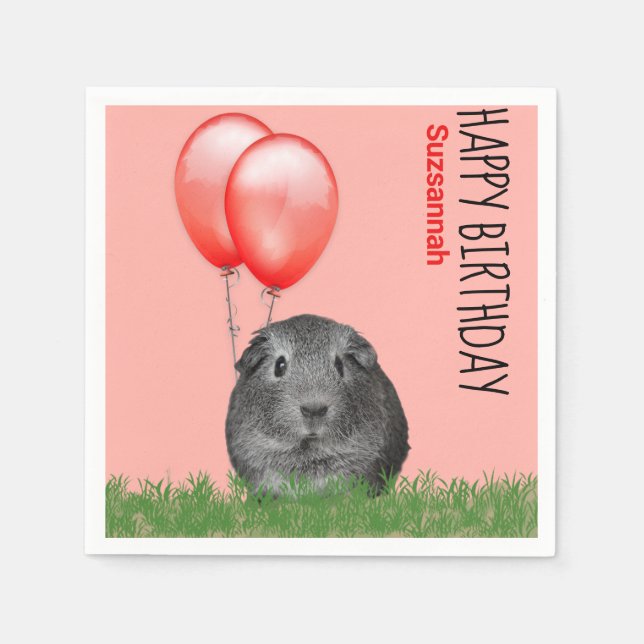 Custom Name Birthday Guinea Pig Red Balloons Napkin (Front)