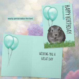 Custom Name Birthday Guinea Pig Teal Balloons Card