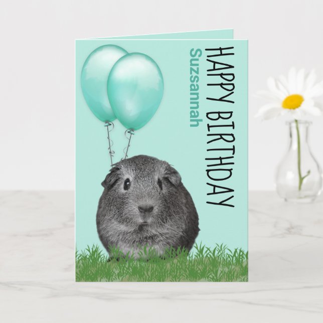 Custom Name Birthday Guinea Pig Teal Balloons Card (Small Plant)