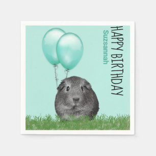 Custom Name Birthday Guinea Pig Teal Balloons Napkin