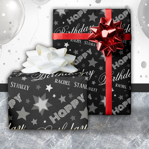Custom Name Birthday Modern Script Stars  Wrapping Paper