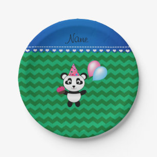 Custom name birthday panda green chevrons paper plate