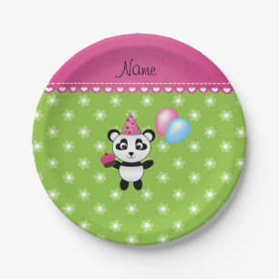 Custom name birthday panda green flowers paper plate
