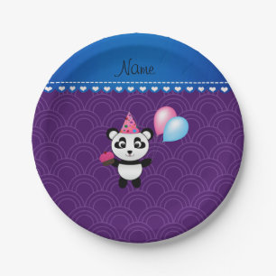 Custom name birthday panda purple half circles paper plate