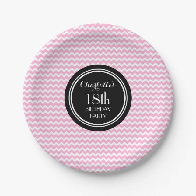 Custom Name Birthday Plates Pink Black Chevron (Front)