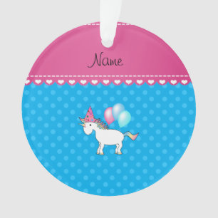 Custom name birthday unicorn blue polka dots ornament
