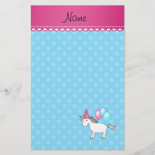 Custom name birthday unicorn blue polka dots stationery