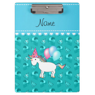 Custom name birthday unicorn turquoise party hats clipboard