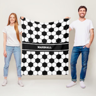 Custom name Black and white Soccer ball pattern Fleece Blanket