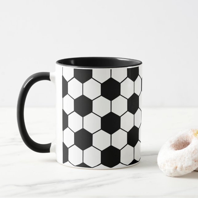 Custom name Black and white Soccer ball pattern Mug (With Donut)