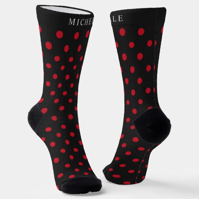 Custom Name Black Background Red Polka  Dot Socks (Angled)