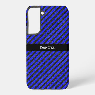Custom Name Black & Blue Textured Diagonal Stripes Samsung Galaxy Case