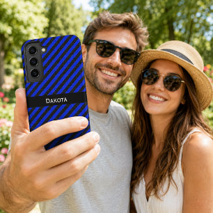 Custom Name Black & Blue Textured Diagonal Stripes Samsung Galaxy Case