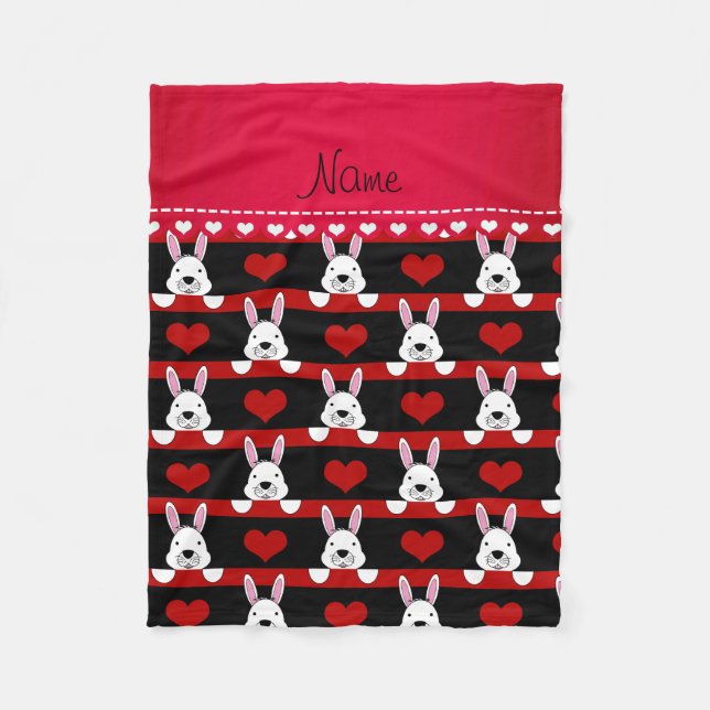 Custom name black bunnies red hearts stripes fleece blanket (Front)