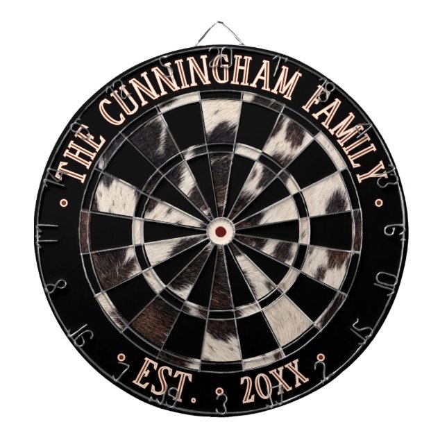 Custom Name Black & Cowhide Animal Print Pattern Dartboard (Front)