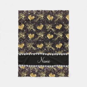 Custom name black glitter gold roses hearts fleece blanket