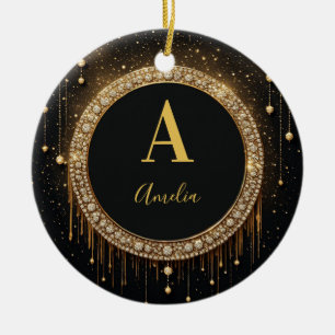 Custom Name Black Glitter Monogram Letter Ceramic Tree Decoration