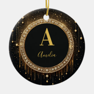 Custom Name Black Glitter Monogram Letter Ceramic Tree Decoration