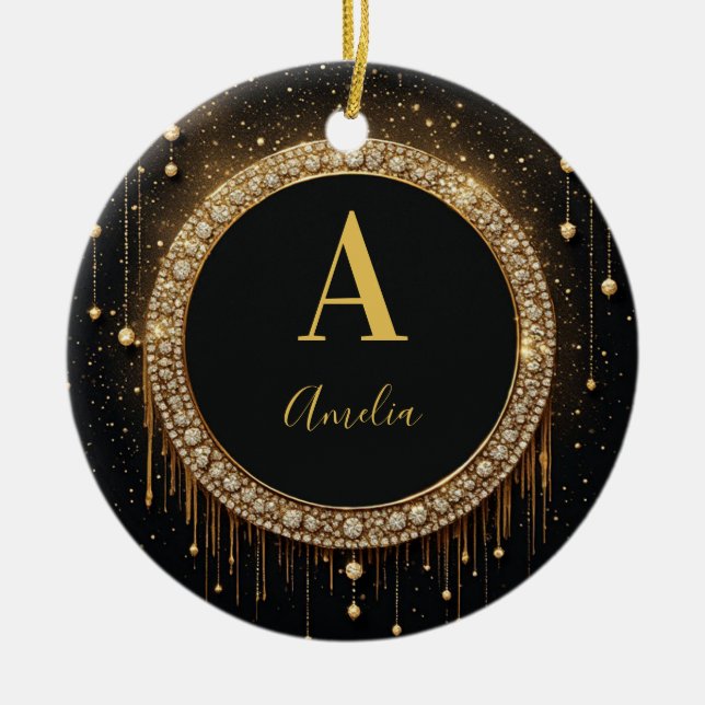 Custom Name Black Glitter Monogram Letter Ceramic Tree Decoration (Front)