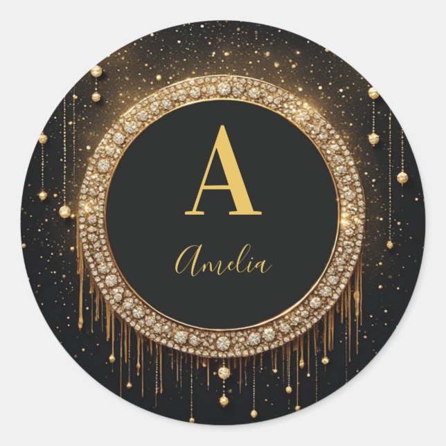 Custom Name Black Glitter Monogram Letter Classic Round Sticker (Front)