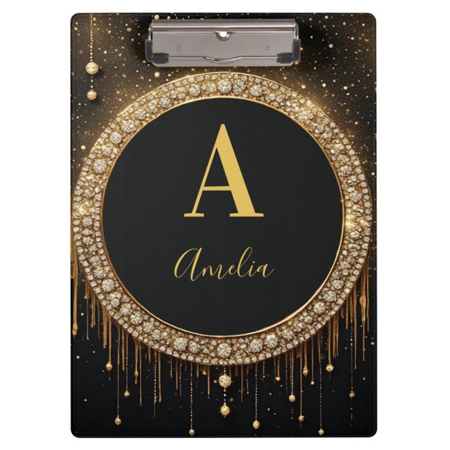 Custom Name Black Glitter Monogram Letter Clipboard (Front)