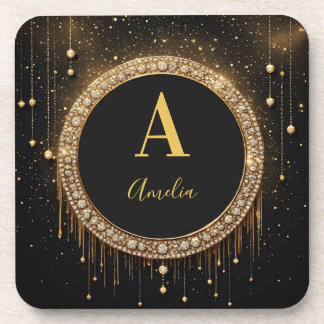 Custom Name Black Glitter Monogram Letter Coaster