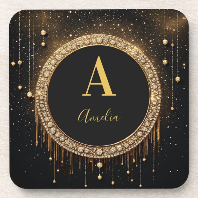 Custom Name Black Glitter Monogram Letter Coaster (Front)