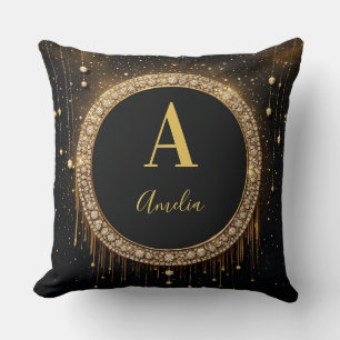 Custom Name Black Glitter Monogram Letter Cushion