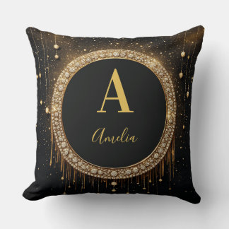 Custom Name Black Glitter Monogram Letter Cushion