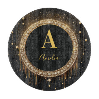 Custom Name Black Glitter Monogram Letter Cutting Board