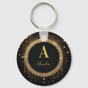Custom Name Black Glitter Monogram Letter Key Ring