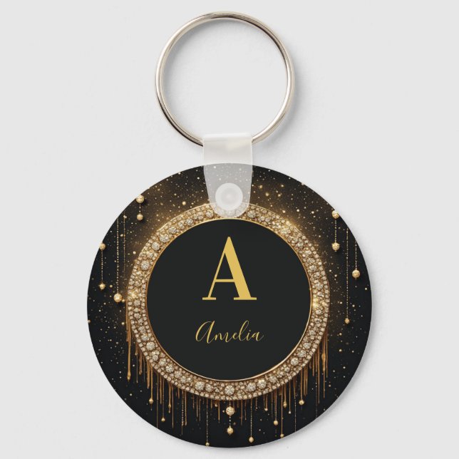 Custom Name Black Glitter Monogram Letter Key Ring (Front)