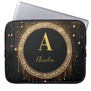 Custom Name Black Glitter Monogram Letter Laptop Sleeve
