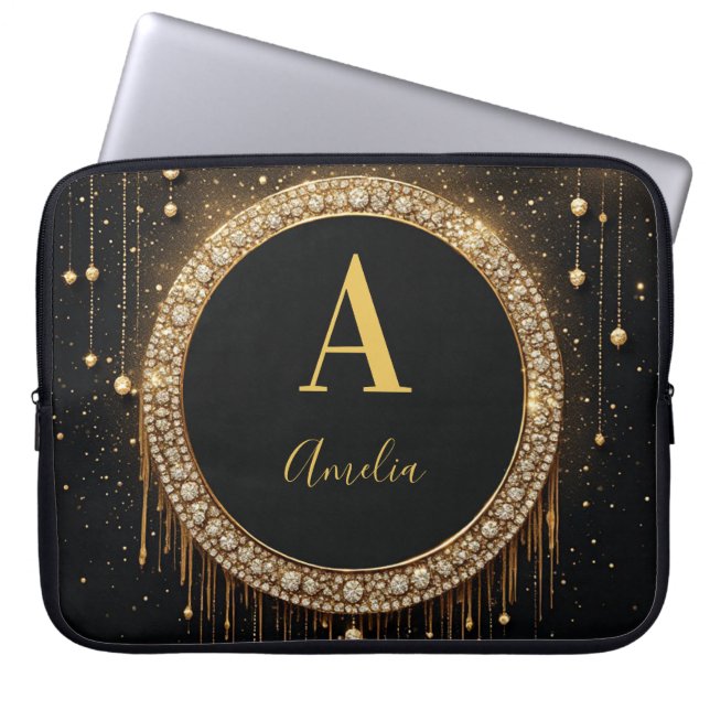 Custom Name Black Glitter Monogram Letter Laptop Sleeve (Front)
