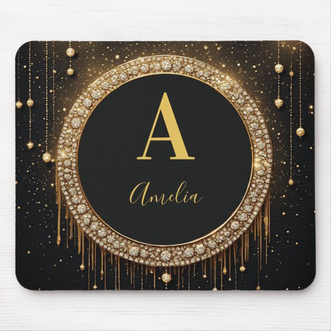 Custom Name Black Glitter Monogram Letter Mouse Pad (Front)