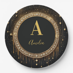 Custom Name Black Glitter Monogram Letter Paper Plate