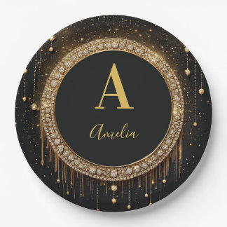 Custom Name Black Glitter Monogram Letter Paper Plate