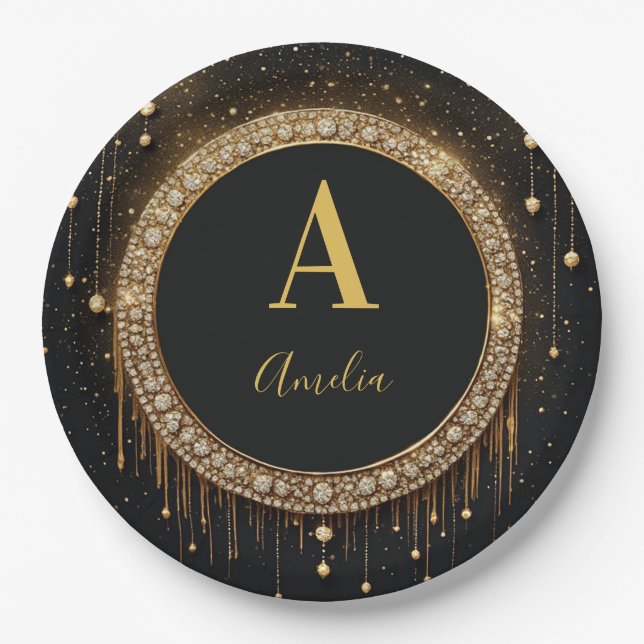 Custom Name Black Glitter Monogram Letter Paper Plate (Front)